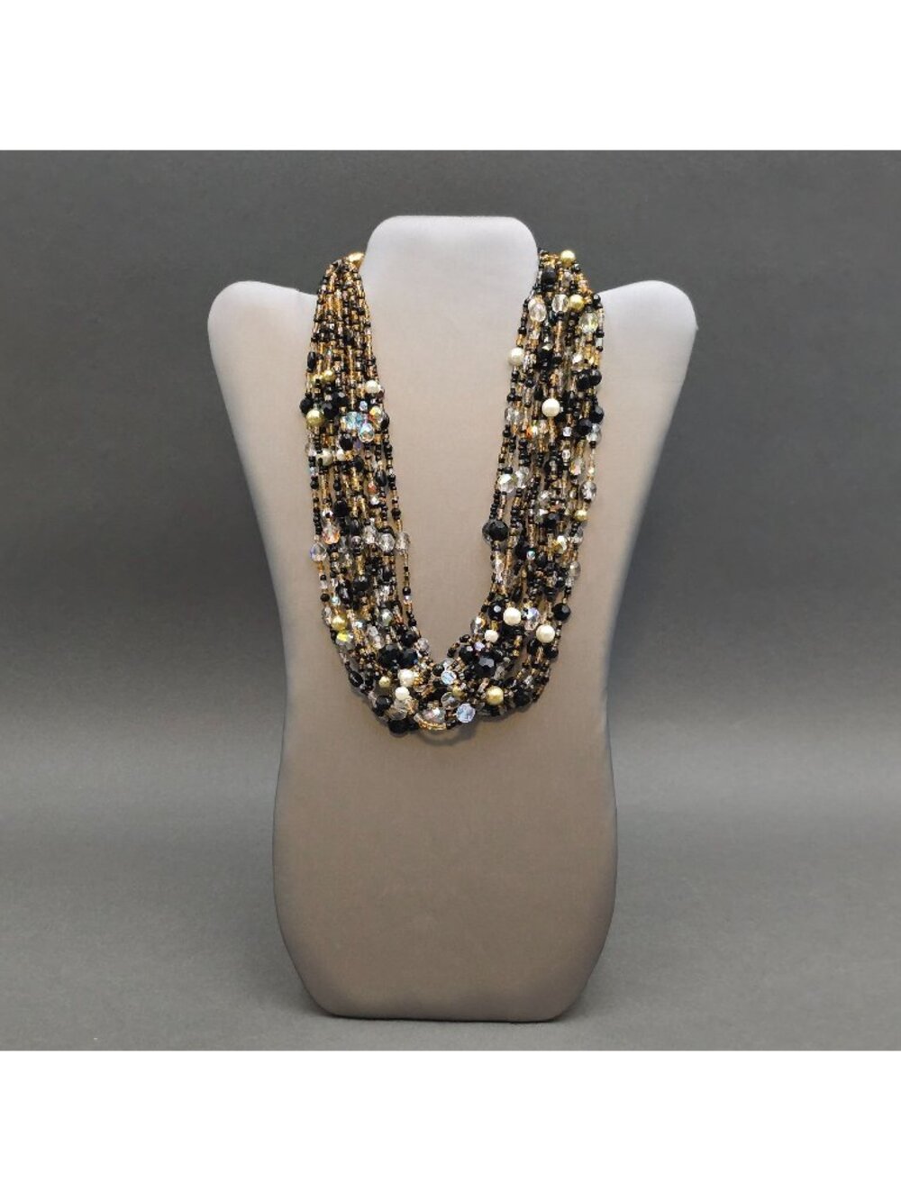 Joan Rivers Multi Strand Torsade Necklace 20" Czech Glass AB Crystal Black Gold